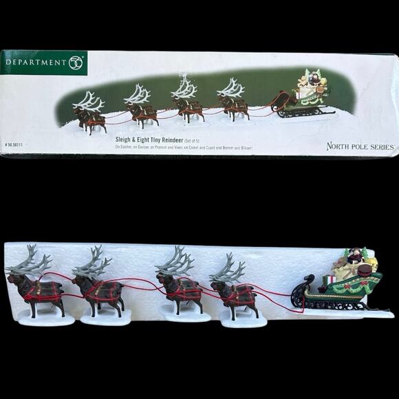 NEW Vintage Department 56 North Pole Sleigh and Eight Tiny Reindeer NOS - Picture 1 of 12